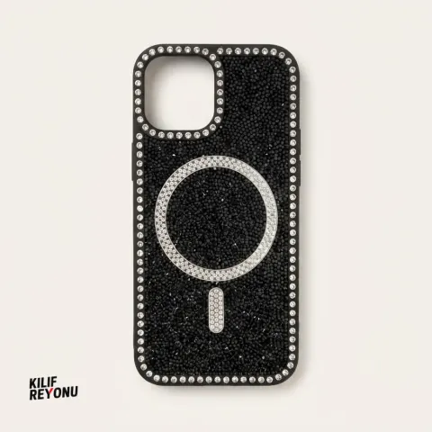 iPhone 15 Siyah Crystal Shine Taşlı MagSafe Kılıf