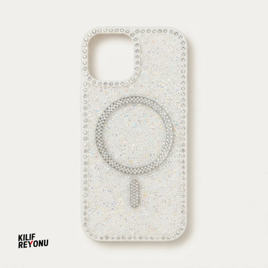 iPhone 15 Beyaz Crystal Shine Taşlı MagSafe Kılıf