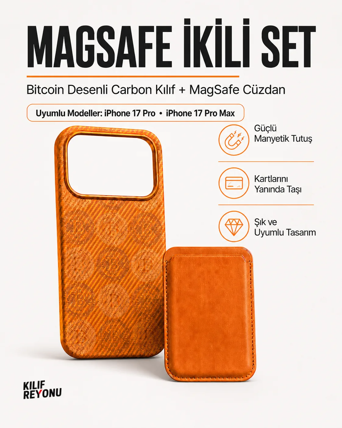 iPhone 17 Pro ve 17 Pro Max Uyumlu Bitcoin Desenli Kılıf + MagSafe Cüzdan İkili Set Turuncu