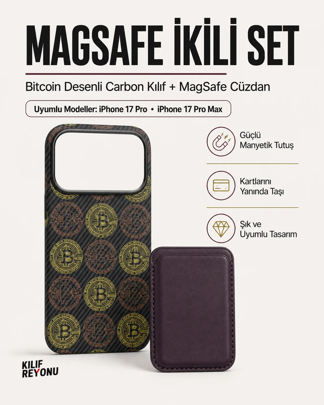 iPhone 17 Pro ve 17 Pro Max Uyumlu Bitcoin Desenli Carbon Kılıf + MagSafe Cüzdan İkili Set Siyah-Bordo