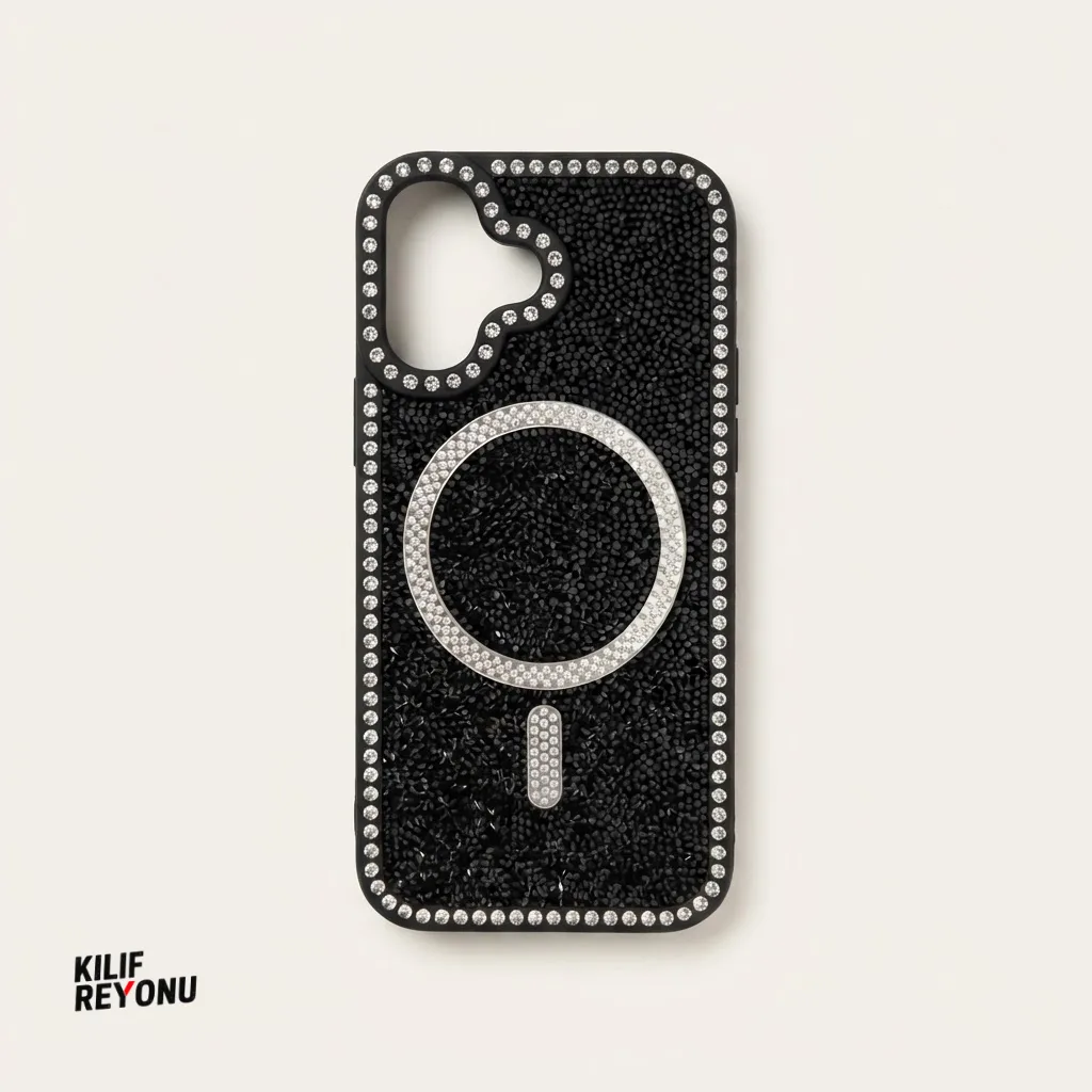 iPhone 16 Siyah Crystal Shine Taşlı MagSafe Kılıf