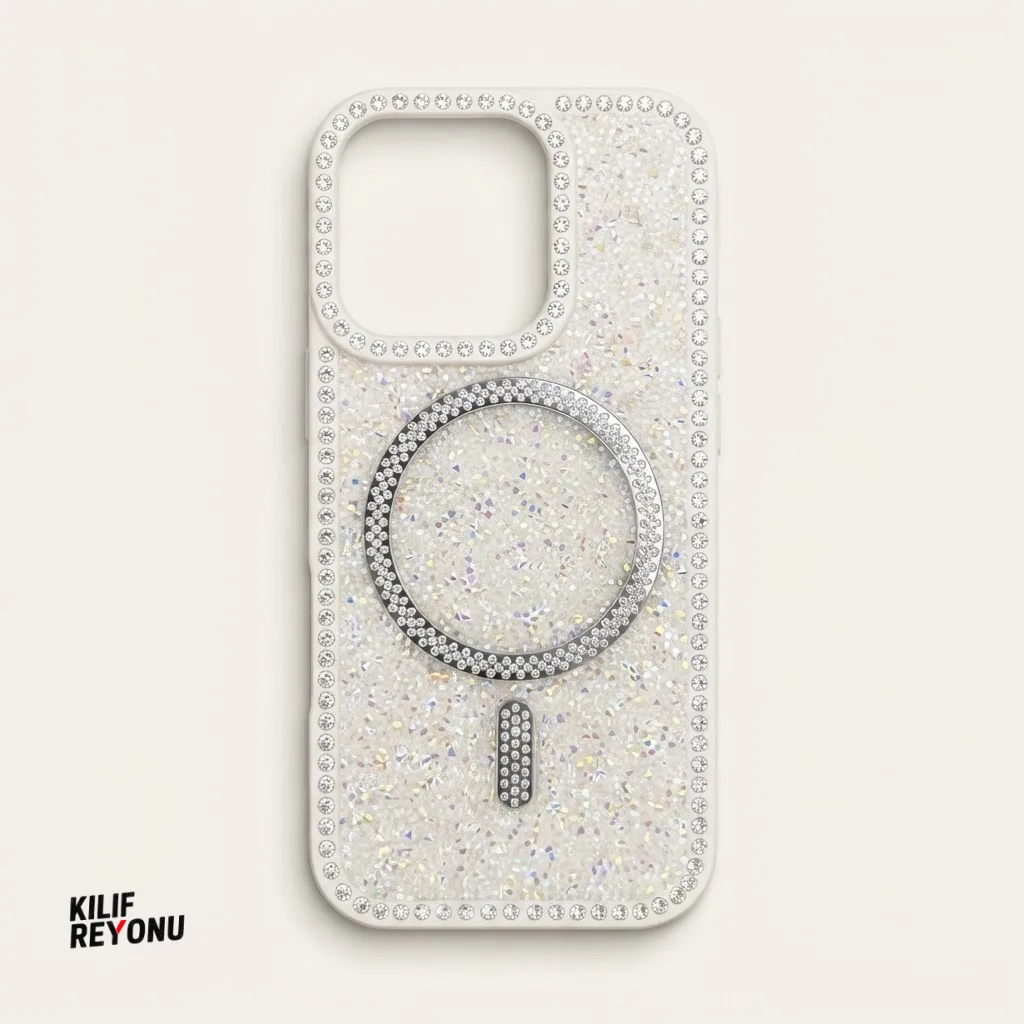 iPhone 16 Pro Beyaz Crystal Shine Taşlı MagSafe Kılıf