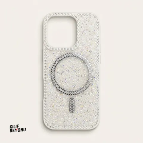 iPhone 16 Pro Beyaz Crystal Shine Taşlı MagSafe Kılıf