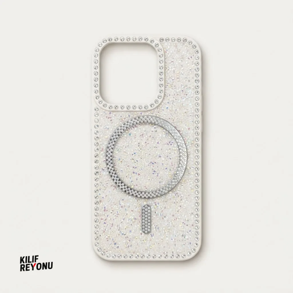 iPhone 15 Pro Beyaz Crystal Shine Taşlı MagSafe Kılıf