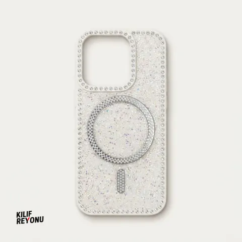 iPhone 15 Pro Beyaz Crystal Shine Taşlı MagSafe Kılıf