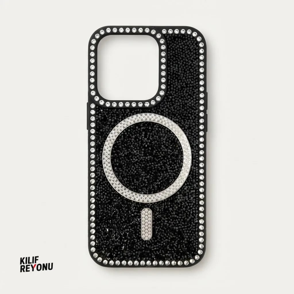 iPhone 15 Pro Siyah Crystal Shine Taşlı MagSafe Kılıf