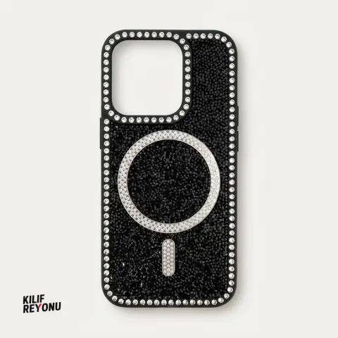 iPhone 15 Pro Siyah Crystal Shine Taşlı MagSafe Kılıf